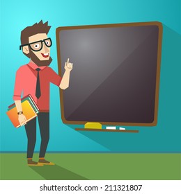 Vector character in flat style and colorful background, smart man with advice on black desk, funny teacher or business man 