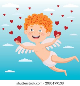Vector character in flat style of cupid soaring in the sky holding hearts in his hands.
Suitable for congratulations lovers, cards, holiday designs.