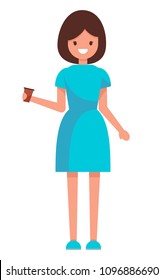 Vector character in a flat style. A girl in a blue dress is holding a glass in her hand.