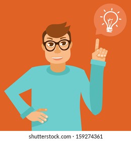 Vector character in flat style - smart man with idea - funny programmer