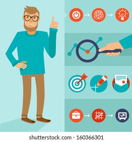 Vector Character In Flat Style - Smart Man With Idea - Infographic Elements