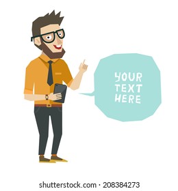 Vector character in flat style, smart man with advice in bubble