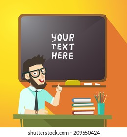 Vector character in flat style and yellow background, smart man and black school desk, funny teacher