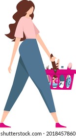 Vector character of a flat woman with a basket of products, on the purchased goods. A happy customer carries a basket with ordered products-a food delivery service, an online food store, shopping.