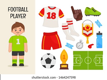 Vector character football player. Illustrations of football equipment. Set of cartoon professions.