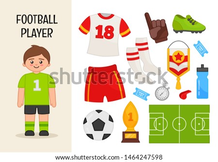 Vector character football player. Illustrations of football equipment. Set of cartoon professions.