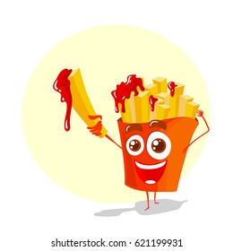 Vector character of French fries character with ketchup. Illustration isolated on white background. 