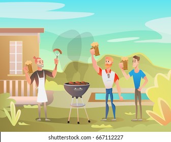 Amigos de personagem vetorial em piquenique ou festa churrasco. Chef homens cozinhando bifes na grade. Ilustração vetorial