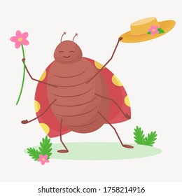 vector character, funny bug with flowers, children illustration, postcard
