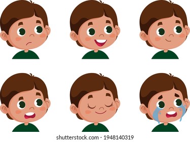 Vector character funny. Illustration of cute faces of schoolboy boy showing different emotions. Avatar isolated on white background