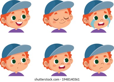 Vector character funny. Illustration of cute faces of redhead schoolboy boy showing different emotions. Avatar isolated on white background