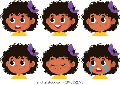 Vector Character Funny. Illustration Of Cute Faces Of Black Little Schoolgirl Girl Showing Different Emotions. Avatar Isolated On White Background Clipart African