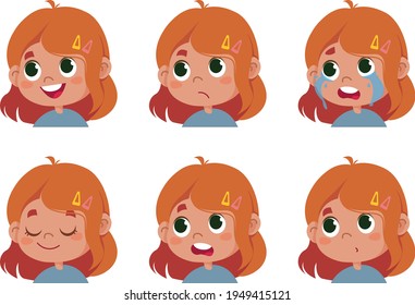 Vector character funny. Illustration of cute faces of redhead schoolboy girl showing different emotions. Avatar isolated on white