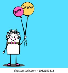 Vector character with gifts and cake saying happy birthday