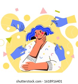 The vector character of the girl doubts whether to inject . Injection of hyaluronic acid in the face, a pattern of vector banner design. Beauty, cosmetology, anti-aging concept. 