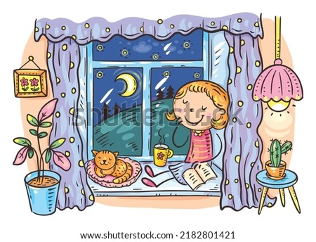 Vector character girl drinks tea in the evening sitting with her cat on the windowsill