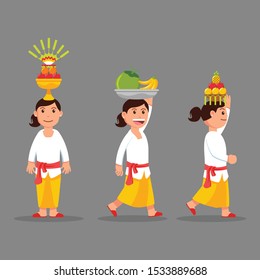 Vector character of girl on  Bali hindu ritual parade to the beach to perform  purification ceremony of Melasti. Suitable for hinduism theme.