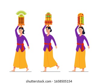 Vector character of girl on  Bali hindu ritual parade to the beach to perform  purification ceremony of Melasti. Suitable for hinduism theme.