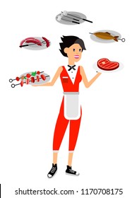 Vector character girl on picnic or Bbq party. Chef cooking