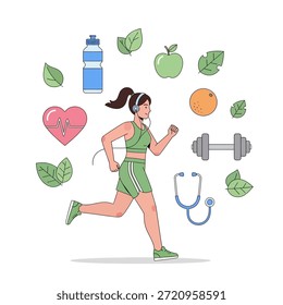Personaje de Vector de una chica corriendo mientras escucha música. La composición presenta iconos flotantes de una mancuerna y una botella de agua, que simbolizan una rutina diaria de entrenamiento y entrenamiento atlético. Aislado en un fondo blanco