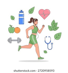 Personaje de Vector de una chica corriendo mientras escucha música. La composición presenta iconos flotantes de una mancuerna y una botella de agua, que simbolizan una rutina diaria de entrenamiento y entrenamiento atlético. Aislado en un fondo blanco