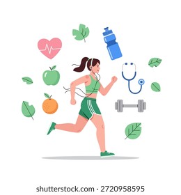 Personaje de Vector de una chica corriendo mientras escucha música. La composición presenta iconos flotantes de una mancuerna y una botella de agua, que simbolizan una rutina diaria de entrenamiento y entrenamiento atlético. Aislado en un fondo blanco