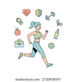 Personaje de Vector de una chica corriendo mientras escucha música. La composición presenta iconos flotantes de una mancuerna y una botella de agua, que simbolizan una rutina diaria de entrenamiento y entrenamiento atlético. Aislado en un fondo blanco