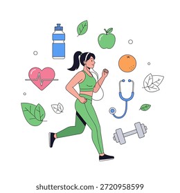 Personaje de Vector de una chica corriendo mientras escucha música. La composición presenta iconos flotantes de una mancuerna y una botella de agua, que simbolizan una rutina diaria de entrenamiento y entrenamiento atlético. Aislado en un fondo blanco