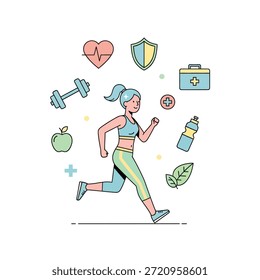 Personaje de Vector de una chica corriendo mientras escucha música. La composición presenta iconos flotantes de una mancuerna y una botella de agua, que simbolizan una rutina diaria de entrenamiento y entrenamiento atlético. Aislado en un fondo blanco
