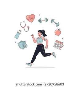 Personaje de Vector de una chica corriendo mientras escucha música. La composición presenta iconos flotantes de una mancuerna y una botella de agua, que simbolizan una rutina diaria de entrenamiento y entrenamiento atlético. Aislado en un fondo blanco