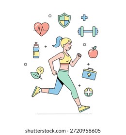 Personaje de Vector de una chica corriendo mientras escucha música. La composición presenta iconos flotantes de una mancuerna y una botella de agua, que simbolizan una rutina diaria de entrenamiento y entrenamiento atlético. Aislado en un fondo blanco