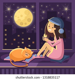 Vector character of a girl sitting on a window with a red cat and drinking coffee looking at the night city. Girl in flat style