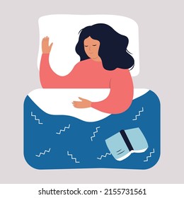Vector character. The girl sleeps in bed under the covers. There is an open book next to it. Soft pillow. Colored flat illustration.
