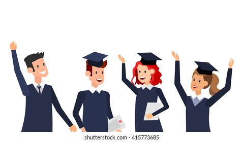 Vector character graduate and students, graduation. University courses, online education, exam preparation, banner, vector