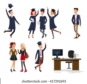 Vector character graduate and students, graduation. University courses, online education, exam preparation, banner, vector