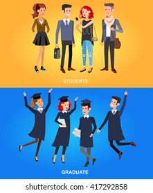 Vector character graduate and students, graduation. University courses, online education, exam preparation, banner, vector  