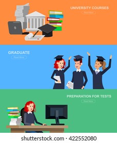 Vector character graduate and students, graduation. University courses, online education, exam preparation, banner, vector 