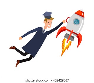Vector character graduate and students, graduation. University courses, online education, exam preparation, banner, vector 