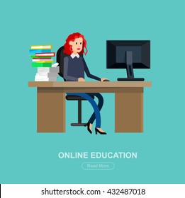Vector character graduate and students, graduation. University courses, online education, exam preparation, banner, vector 