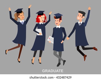Vector character graduate and students, graduation. University courses, online education, exam preparation, banner, vector 