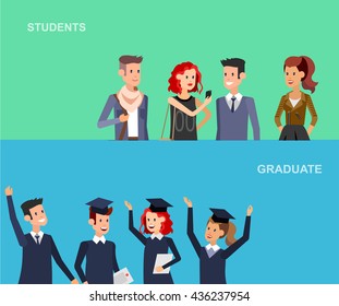 Vector character graduate and students, graduation. University courses, online education, exam preparation