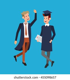 Vector character graduate and students, students graduation. University courses, online education, exam preparation