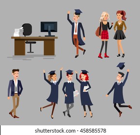 Vector character graduate and students, students graduation. University courses, online education, exam preparation