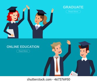 Vector character graduate and students, students graduation. University courses, online education, exam preparation