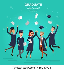 Vector character graduate and students, university graduation. University courses, online education, exam preparation, education banner, vector 