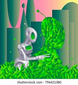 Vector character gray metallic Robot android mechanical gardener shears bushes in the ornamental garden