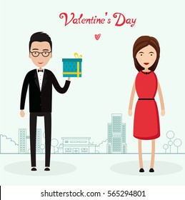 Vector character is a guy, flat illustration. Valentine's day. fourteenth of FebruaryThe guy with the gift in his hands. Vector illustration of flat. The city. The occasion. Date.