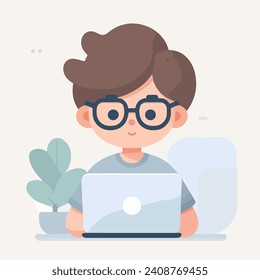 Vector character of a guy wearing glasses with a laptop. Simple flat design style