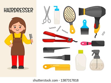 Vector character hairdresser. Illustrations of hairdresser equipment. Set of cartoon professions.