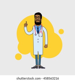 Vector character of happy black doctor in medical uniform. Physician in professional clothes. Flat line style design